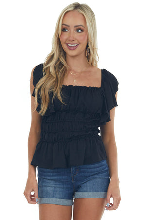 Black Flutter Sleeve Ruched Square Neck Blouse