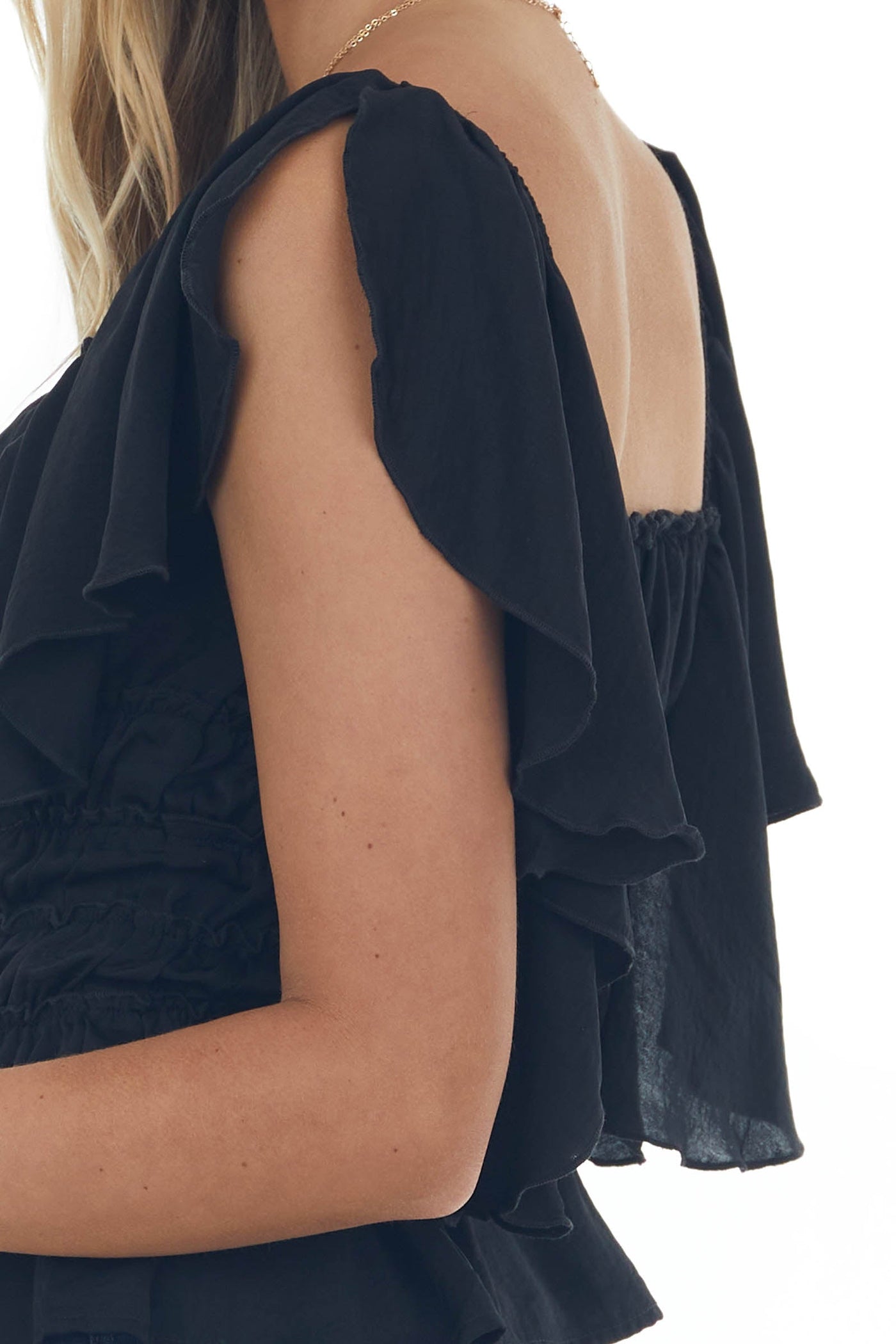 Black Flutter Sleeve Ruched Square Neck Blouse