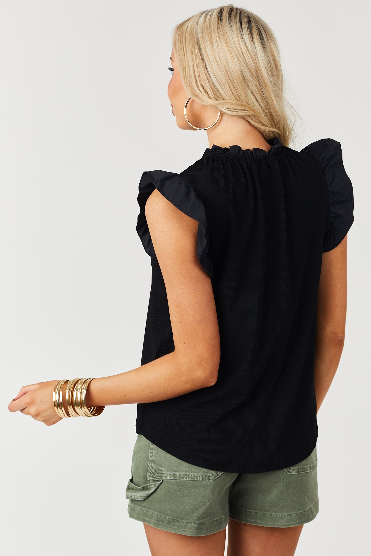 Black Frill Trim Contrast Ribbed Knit Top