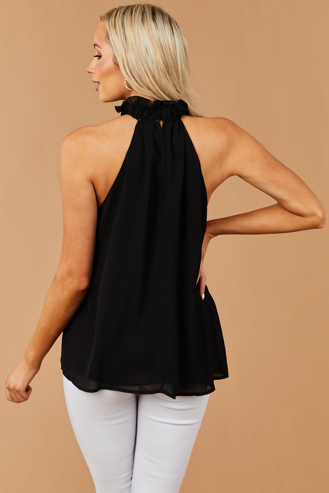Black Frilled Halter Neck Chiffon Tank Top
