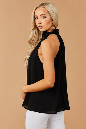 Black Frilled Halter Neck Chiffon Tank Top
