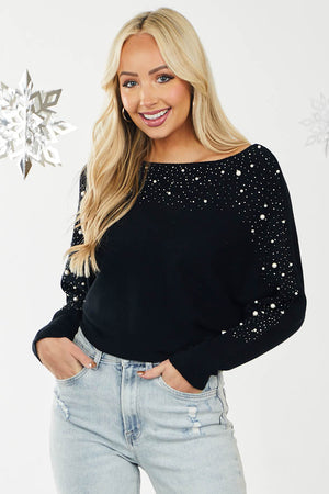 Black Gemstone and Pearl Dolman Sweater