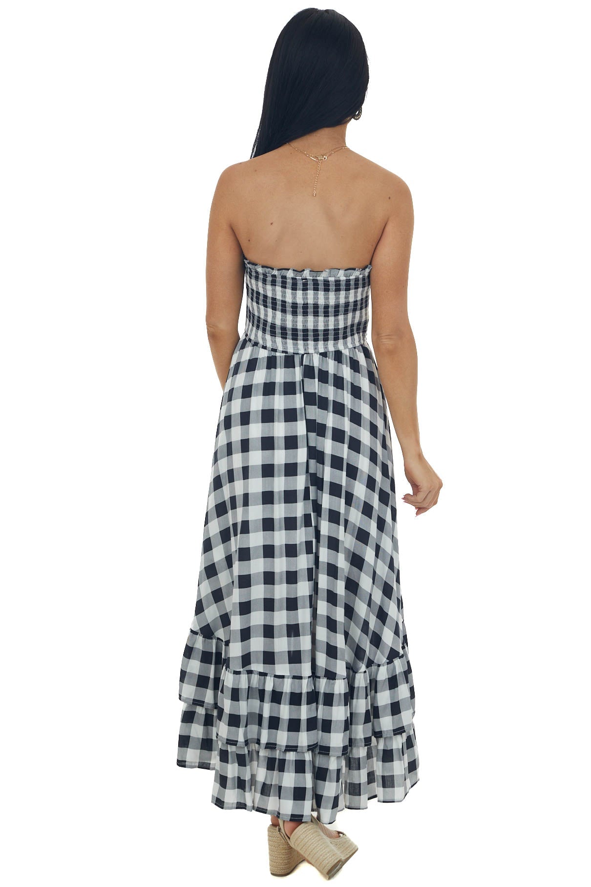 Black Gingham Smocked Strapless High Low Dress