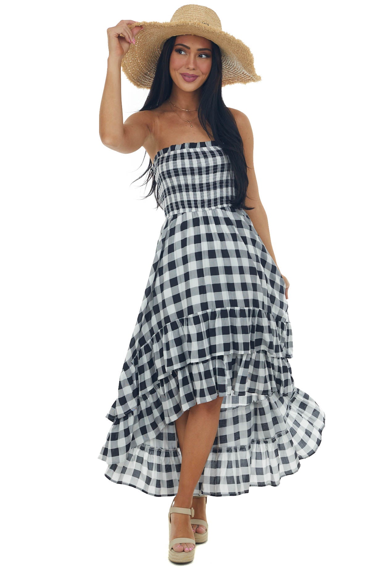Black Gingham Smocked Strapless High Low Dress