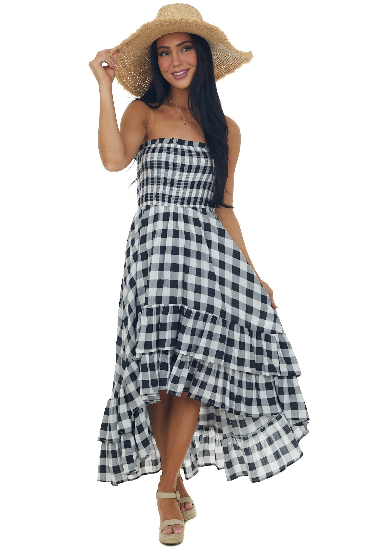Black Gingham Smocked Strapless High Low Dress