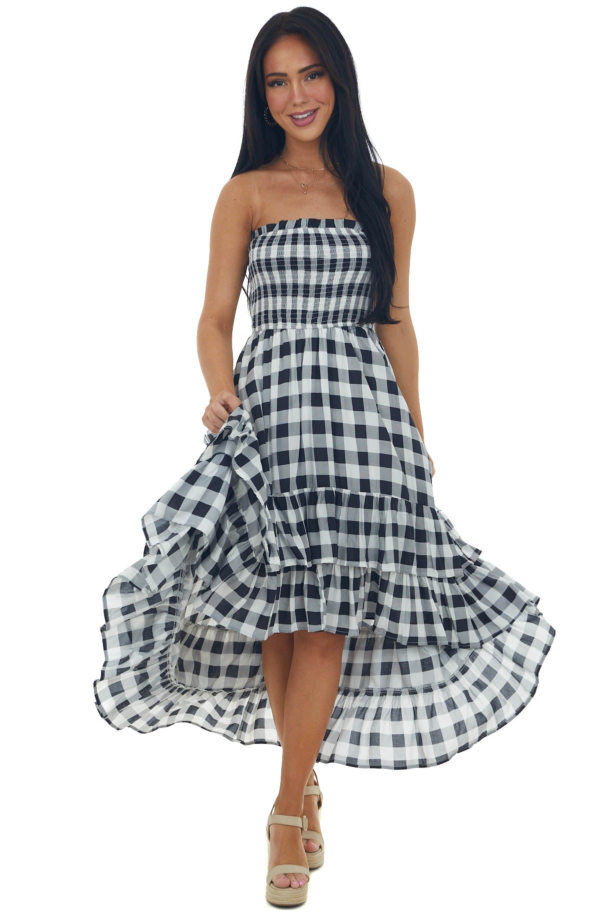 Black Gingham Smocked Strapless High Low Dress