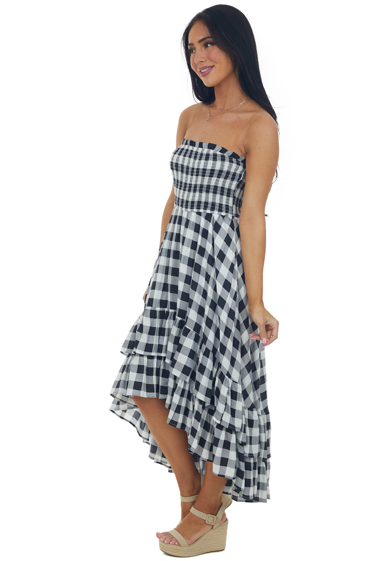 Black Gingham Smocked Strapless High Low Dress