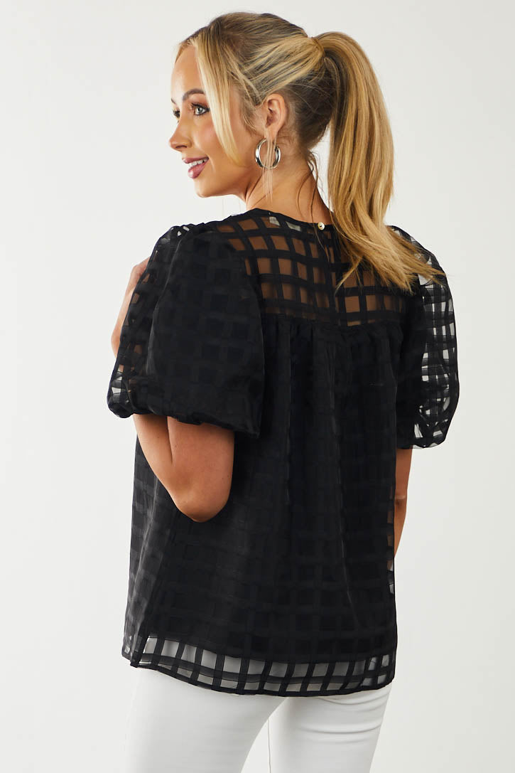 Black Gingham Textured Puff Sleeve Yoke Woven Top