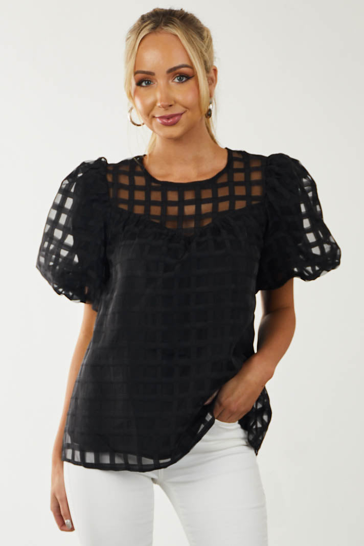 Black Gingham Textured Puff Sleeve Yoke Woven Top