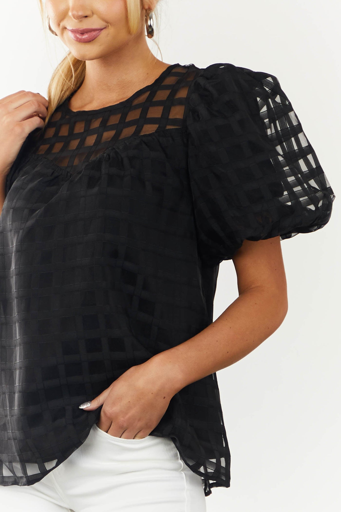 Black Gingham Textured Puff Sleeve Yoke Woven Top