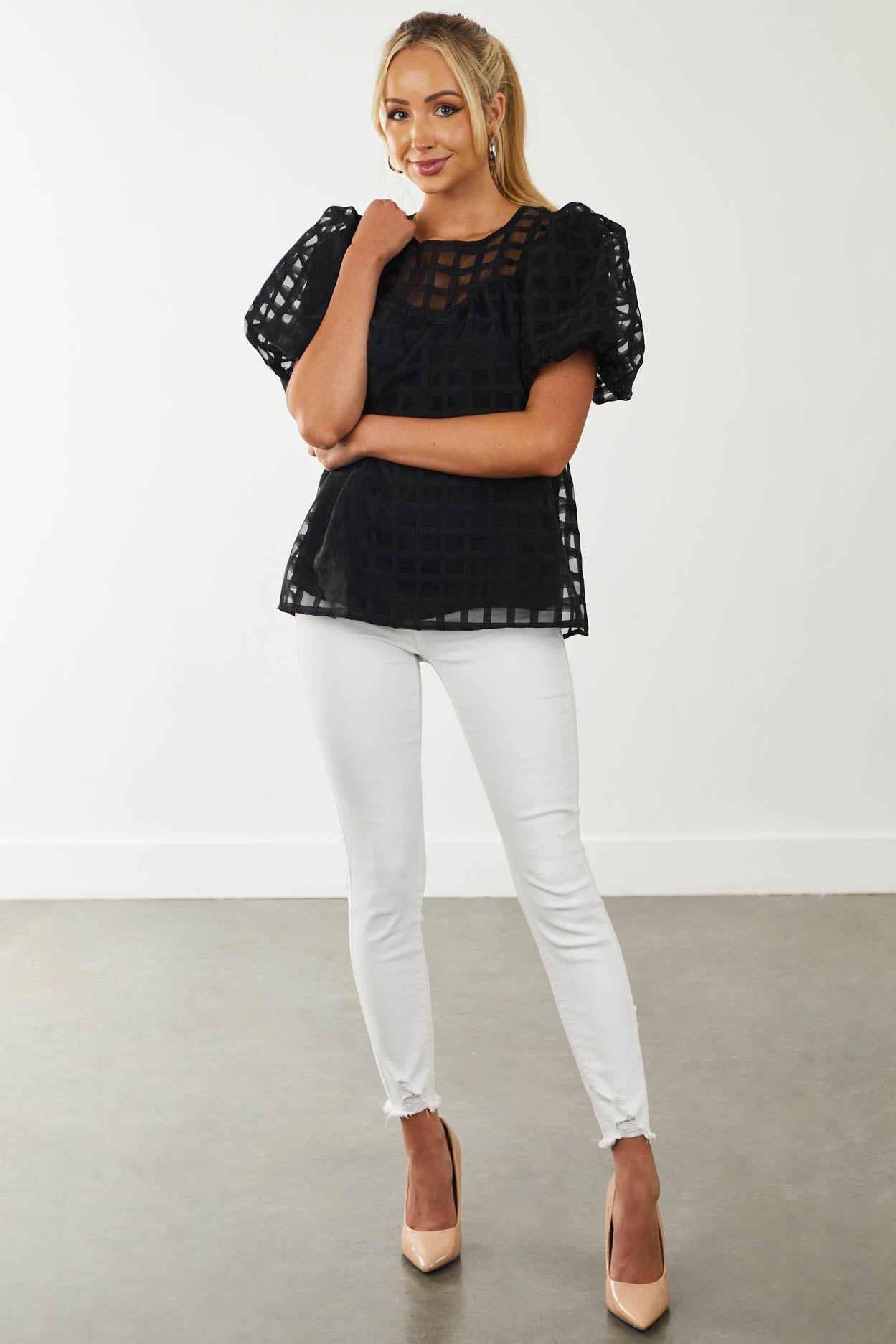 Black Gingham Textured Puff Sleeve Yoke Woven Top