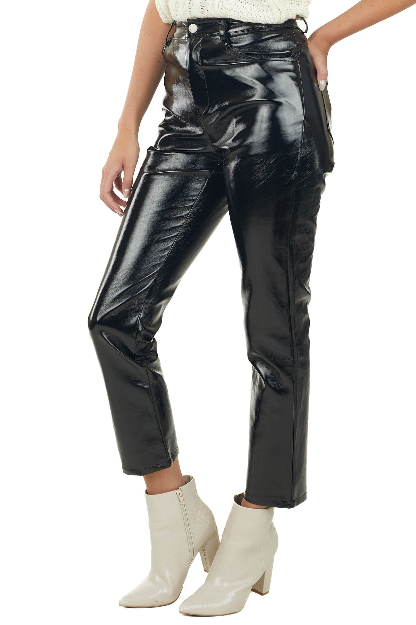 Black Glossy Pleather Slim Straight Pants