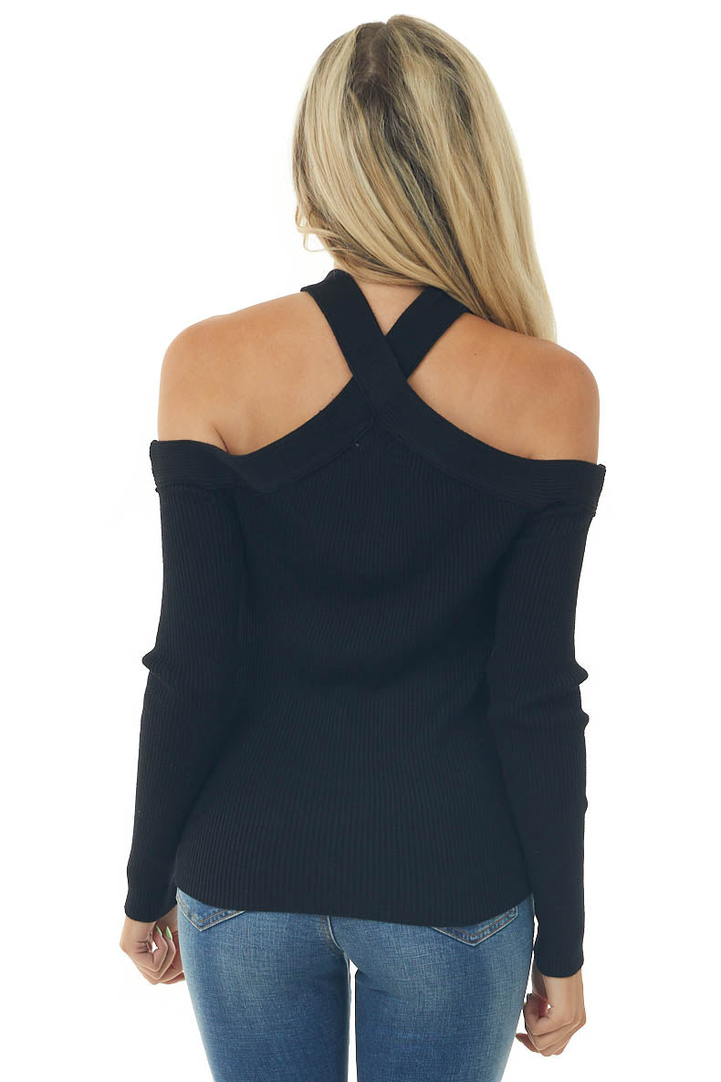Black Halter Neck Cold Shoulder Ribbed Top