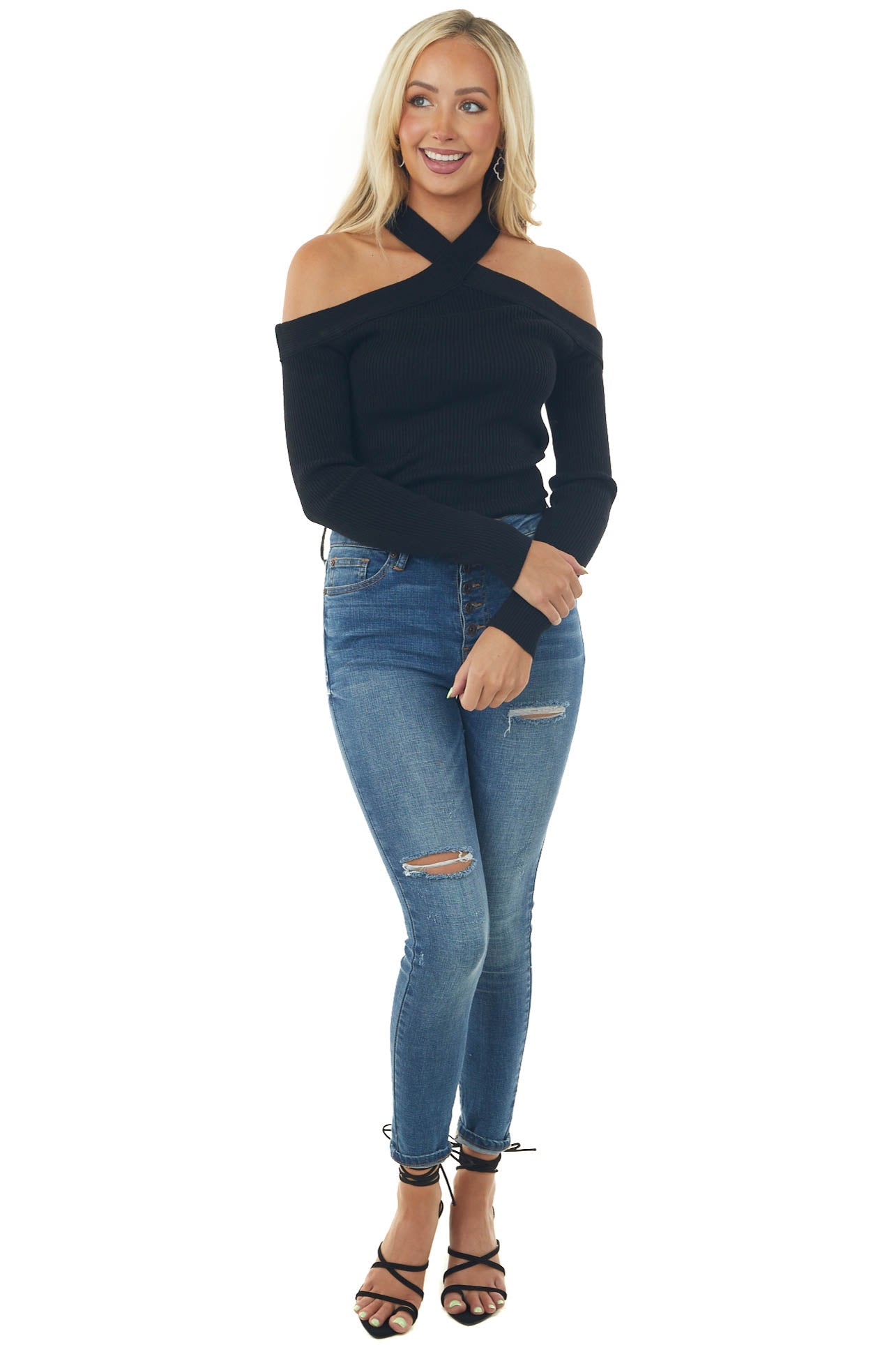 Black Halter Neck Cold Shoulder Ribbed Top