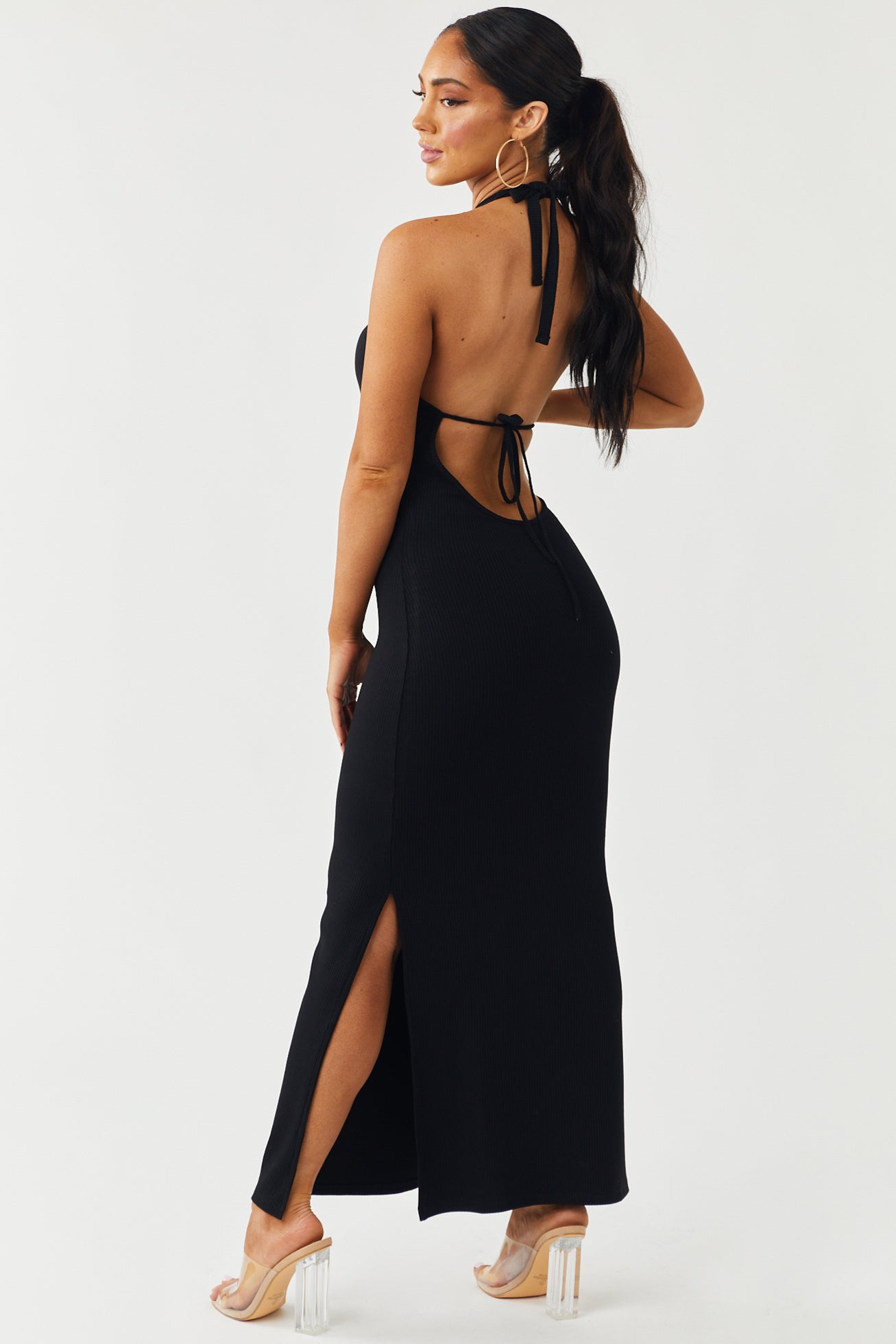 Black Halter Neck Ribbed Knit Midi Dress