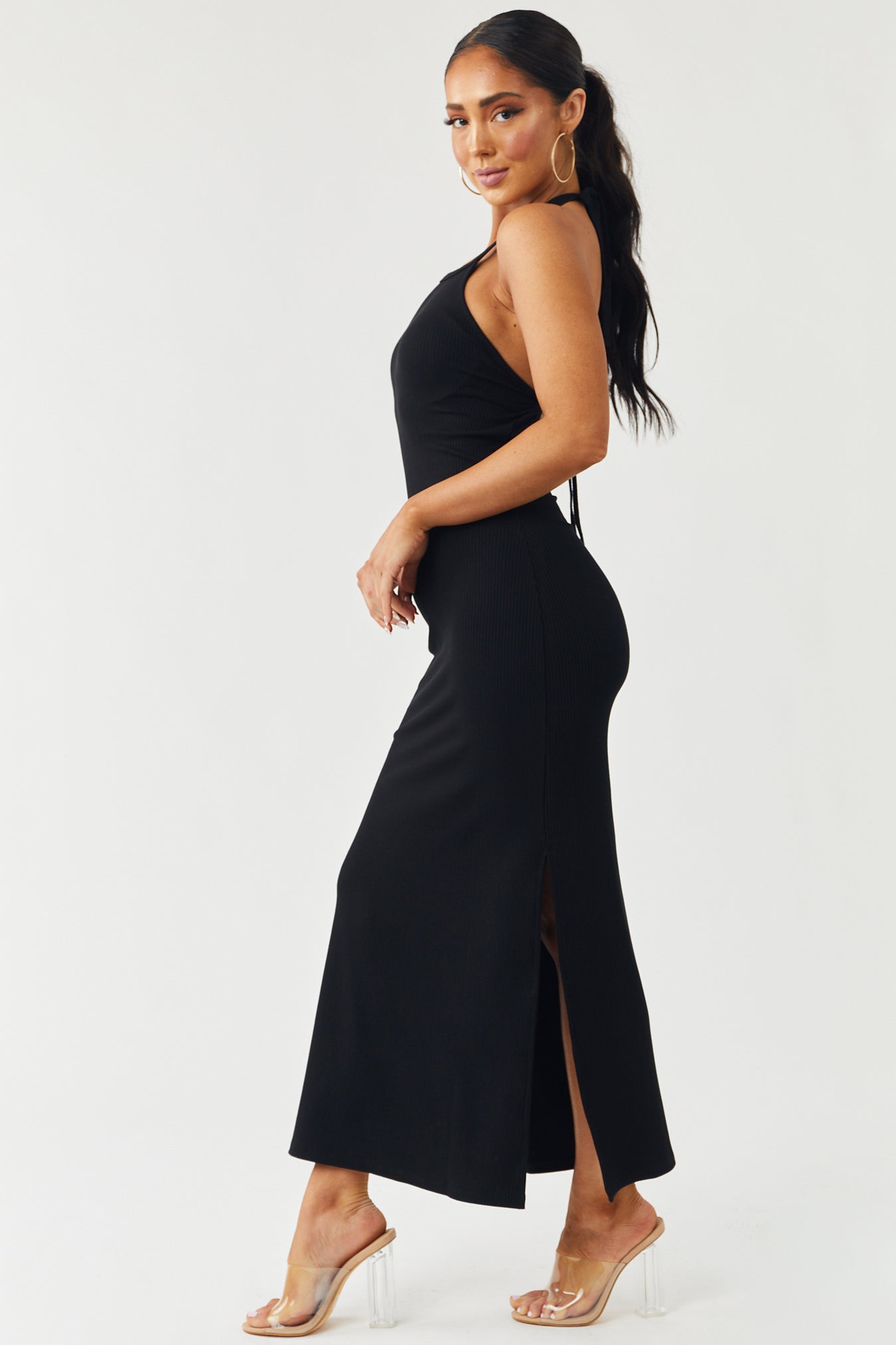 Black Halter Neck Ribbed Knit Midi Dress