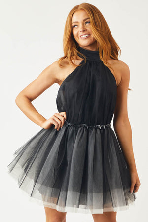 Black Halter Neck Tie Layered Tulle Dress