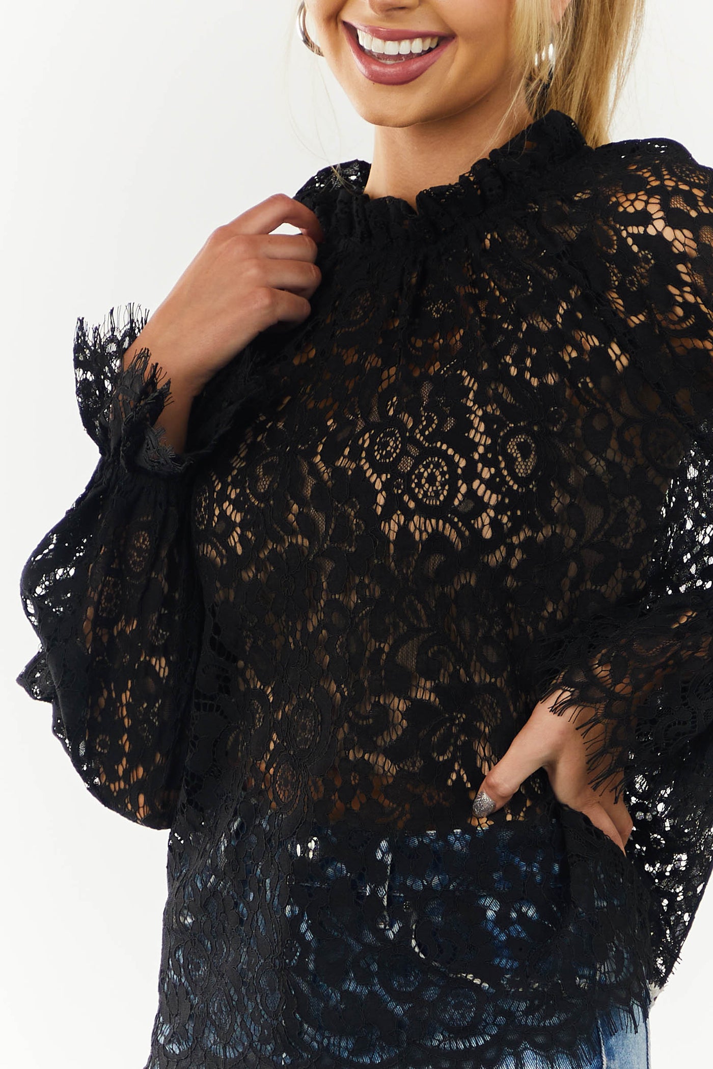 Black High Neck Eyelash Trim Lace Blouse