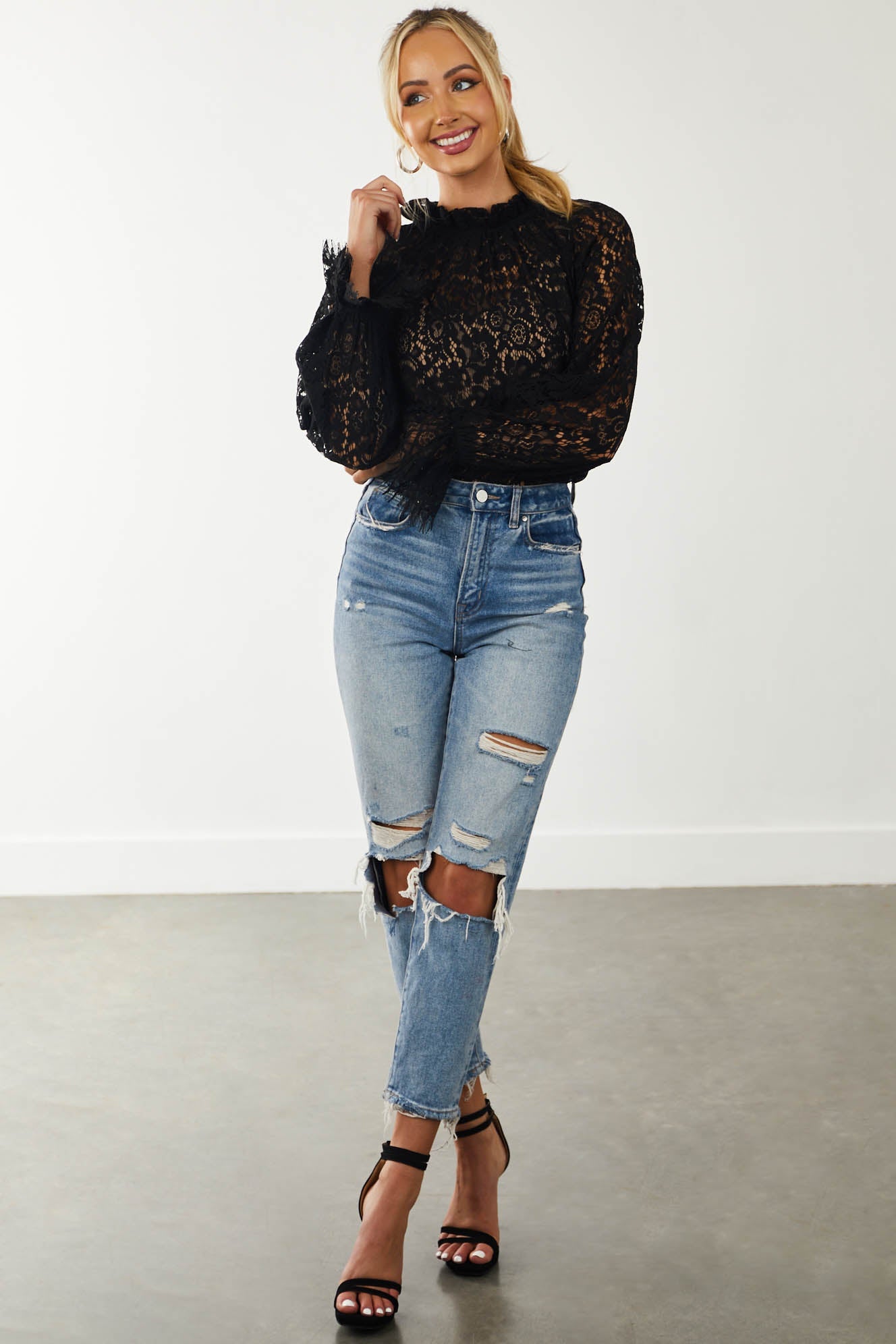 Black High Neck Eyelash Trim Lace Blouse