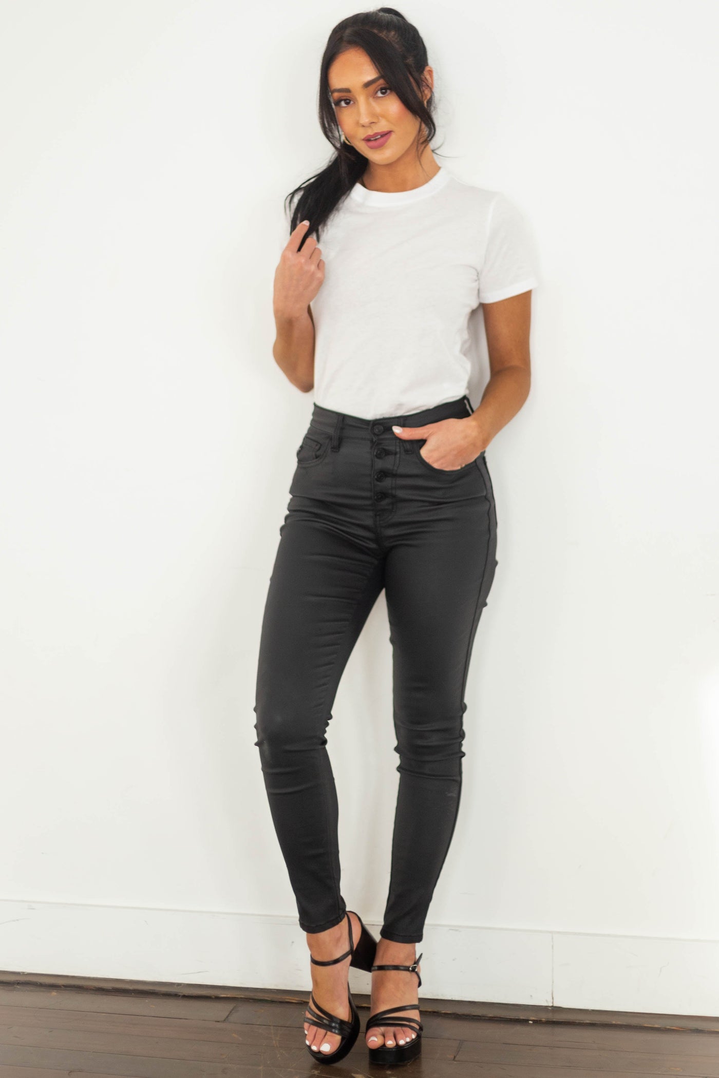 Black High Rise Button Fly Coated Pants