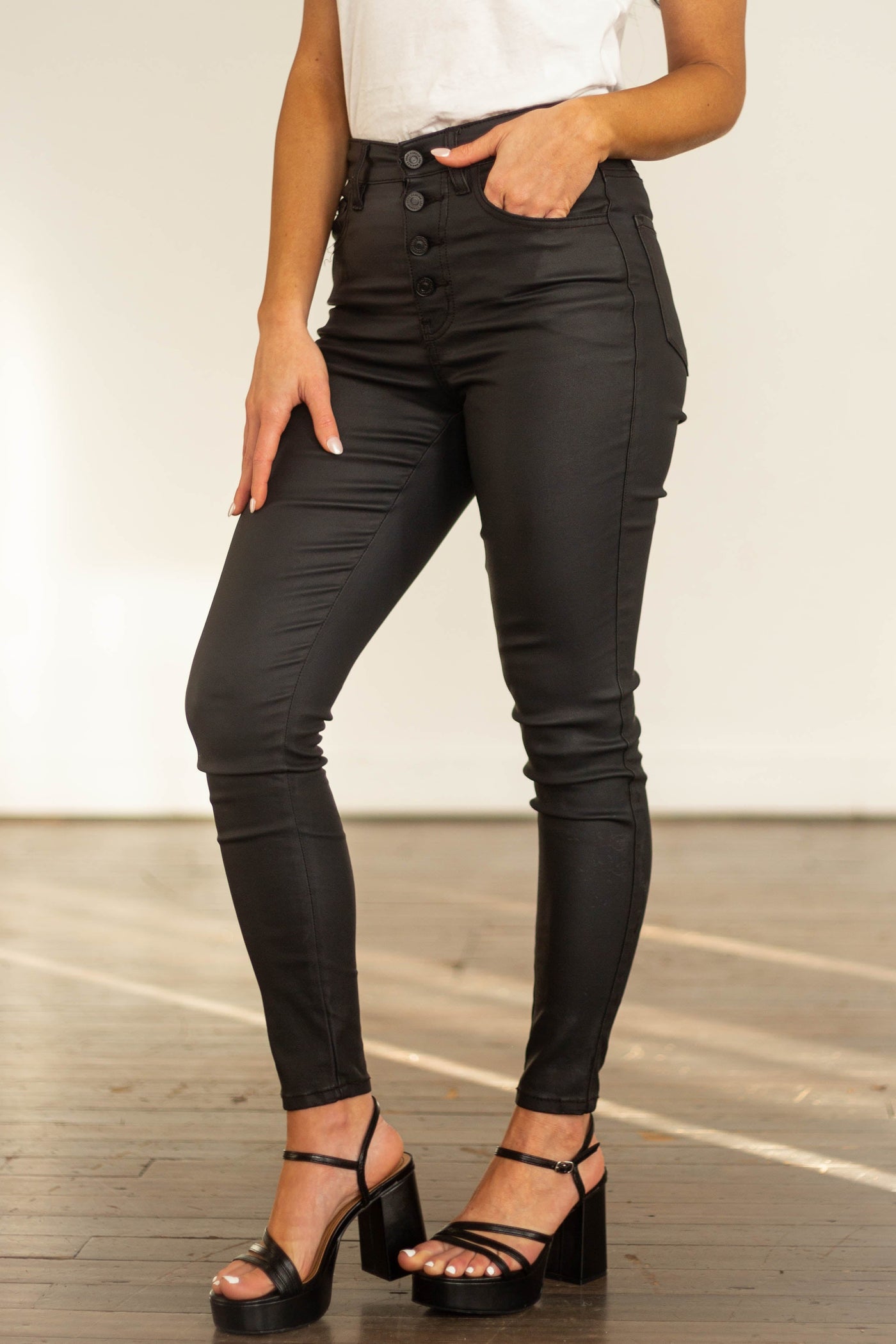 Black High Rise Button Fly Coated Pants