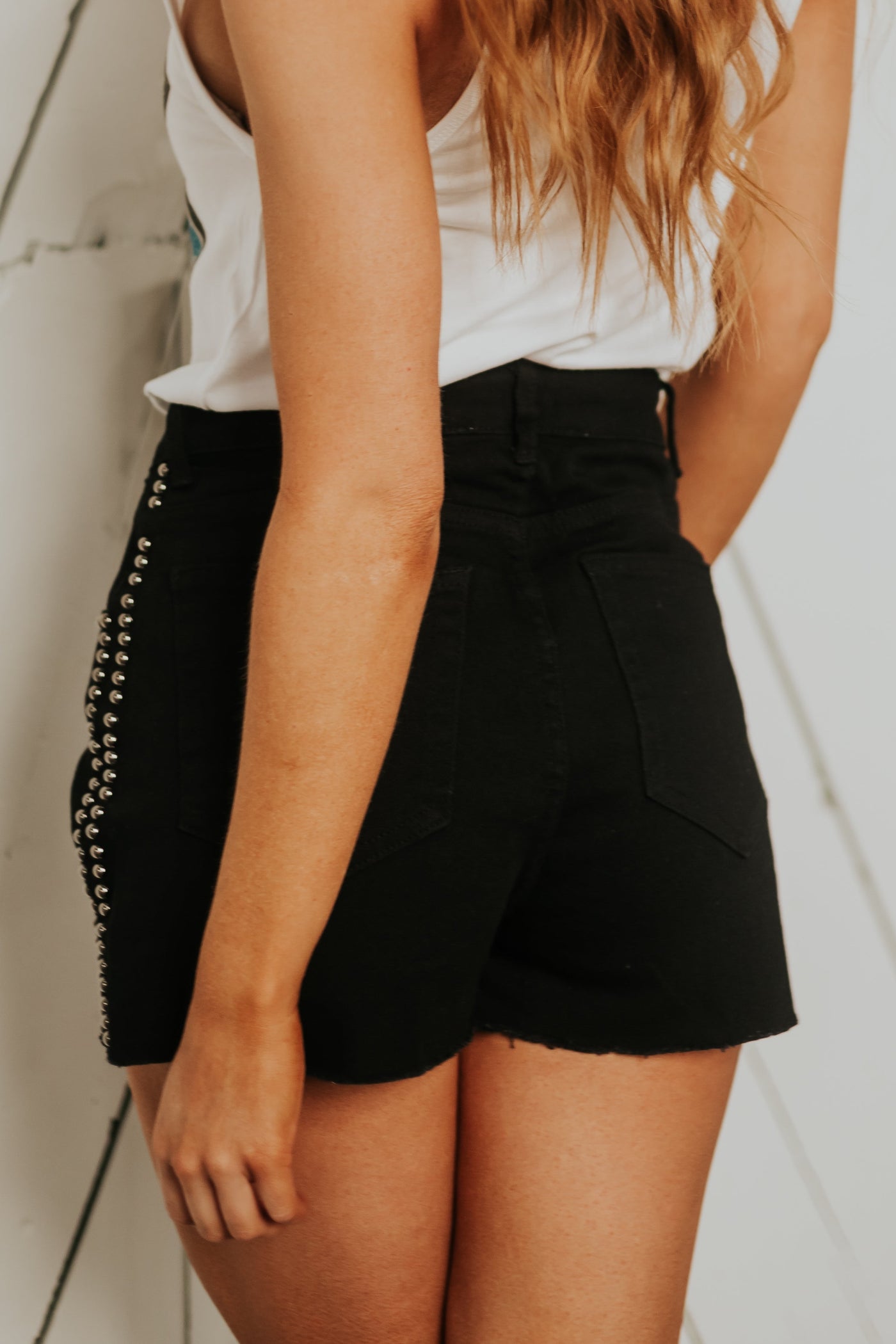 Black High Rise Denim Shorts with Stud Details