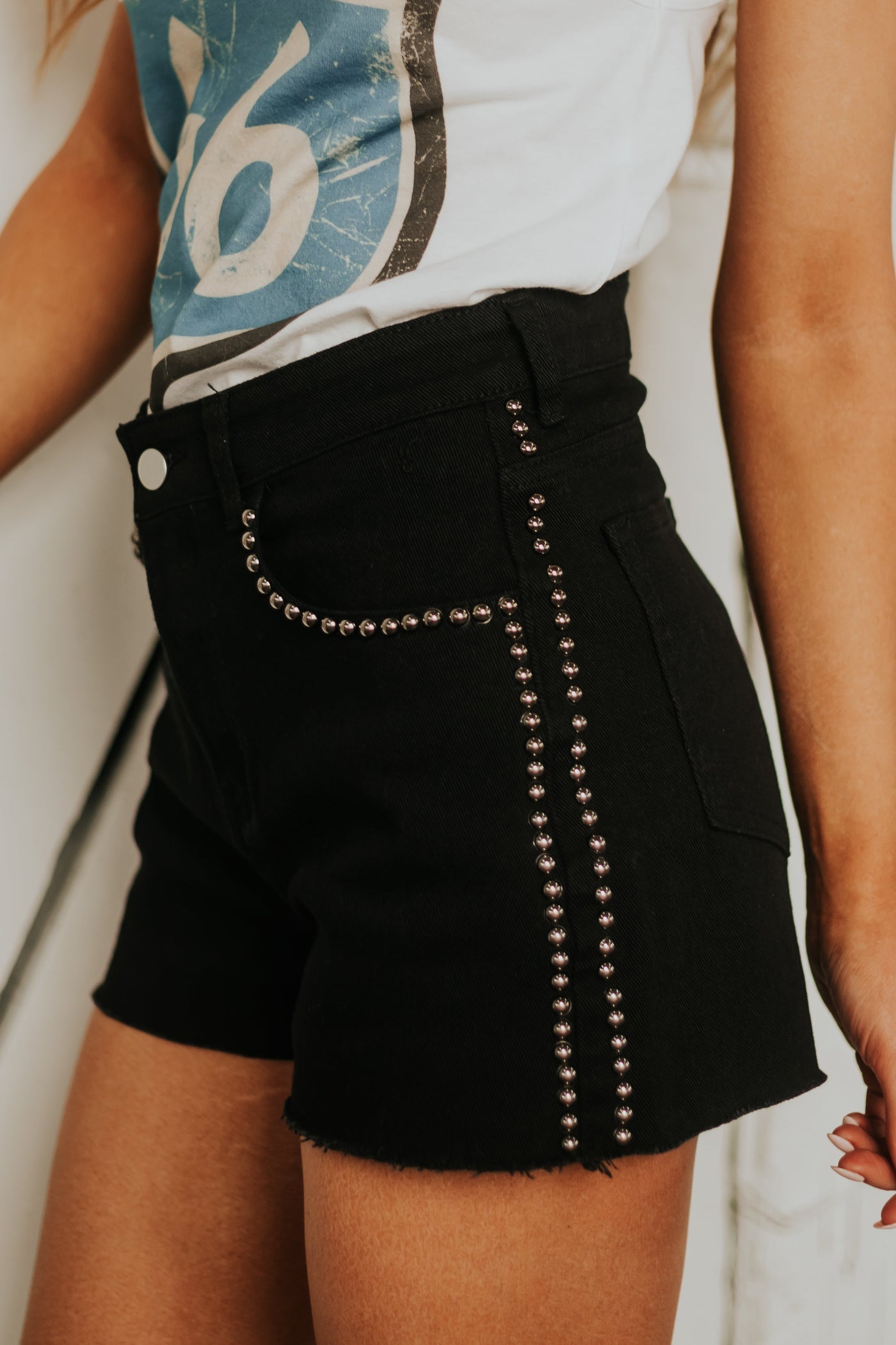 Black High Rise Denim Shorts with Stud Details