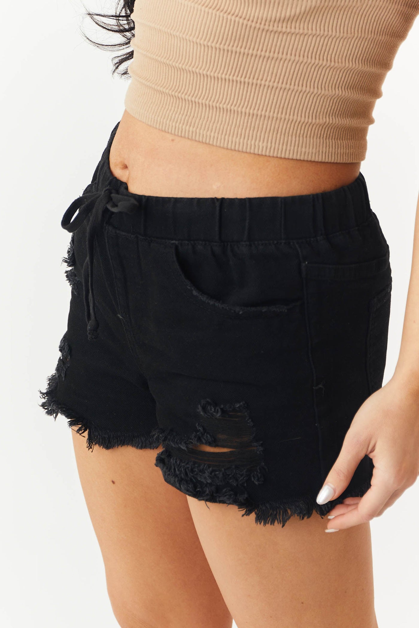 Black High Rise Elastic Waist Denim Shorts