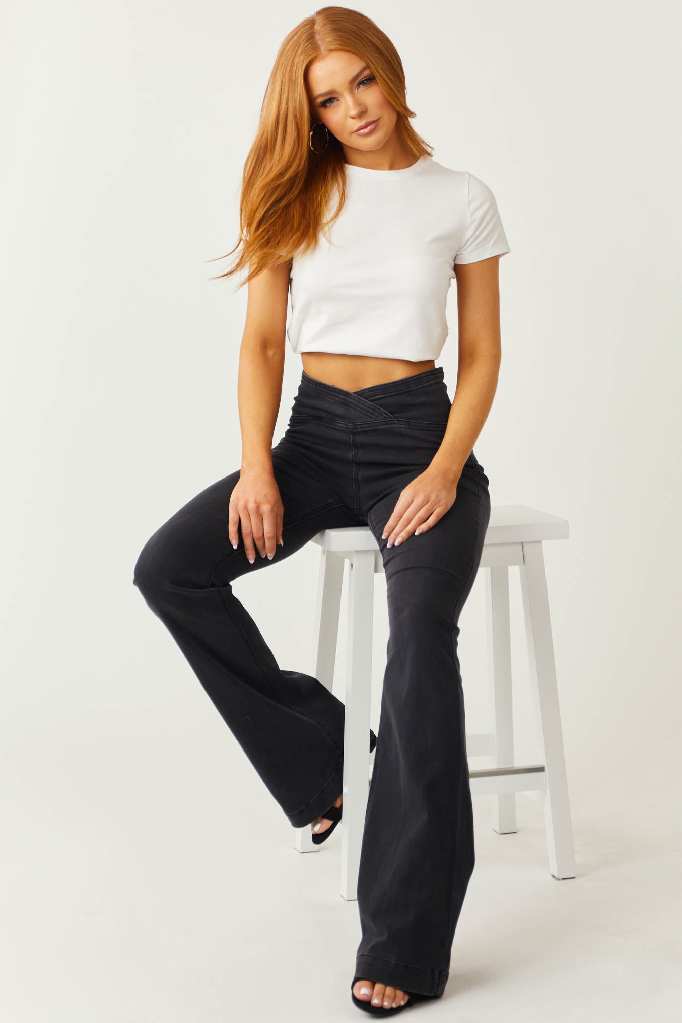 Black High Rise Overlap Waist Flare Jeggings