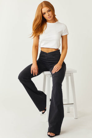 Black High Rise Overlap Waist Flare Jeggings