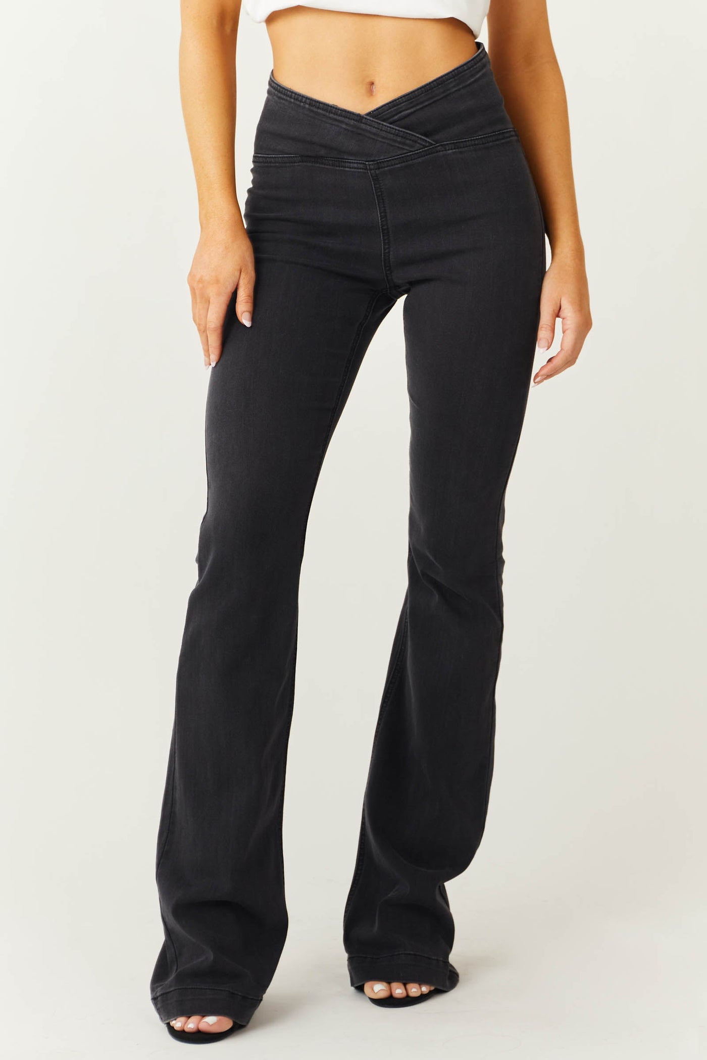 Black High Rise Overlap Waist Flare Jeggings