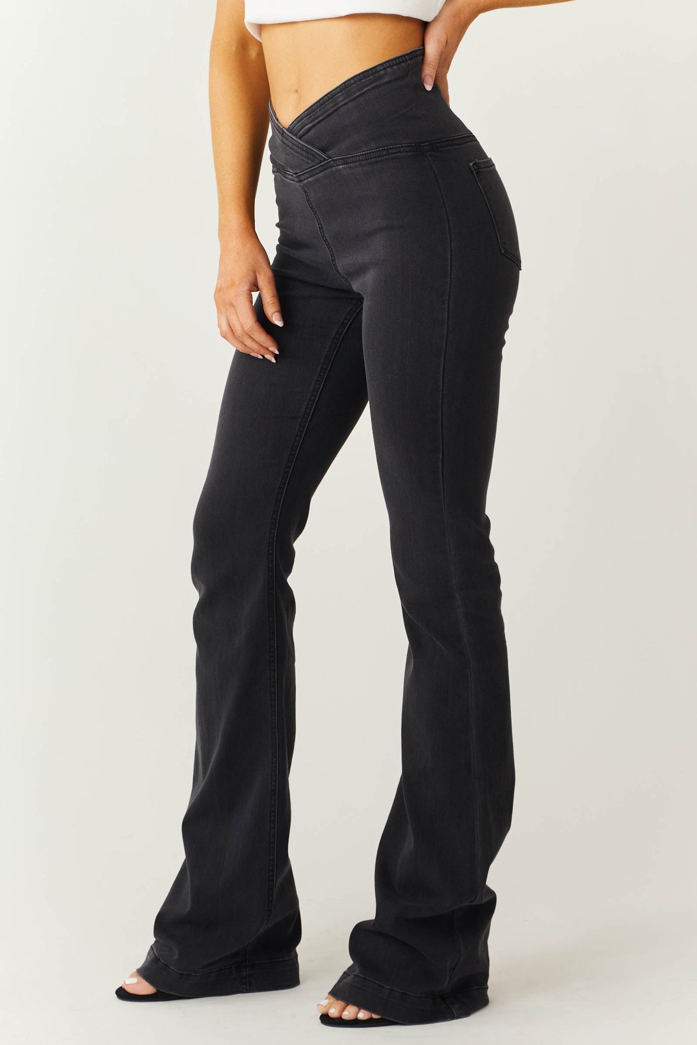 Black High Rise Overlap Waist Flare Jeggings