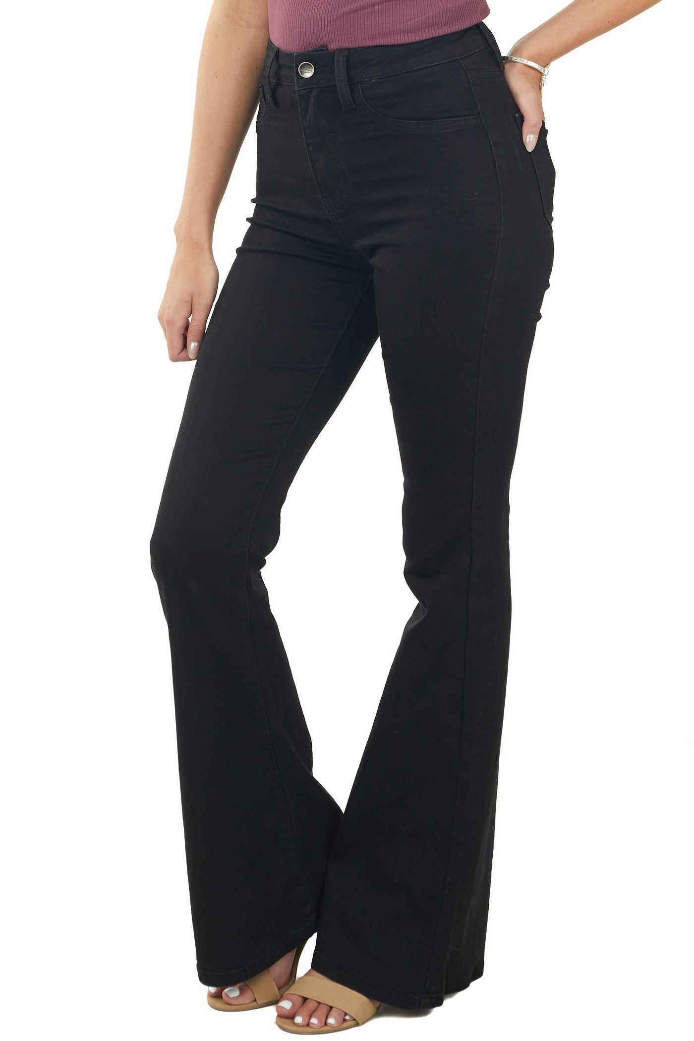 Black High Rise Zipper Fly Flare Jeans