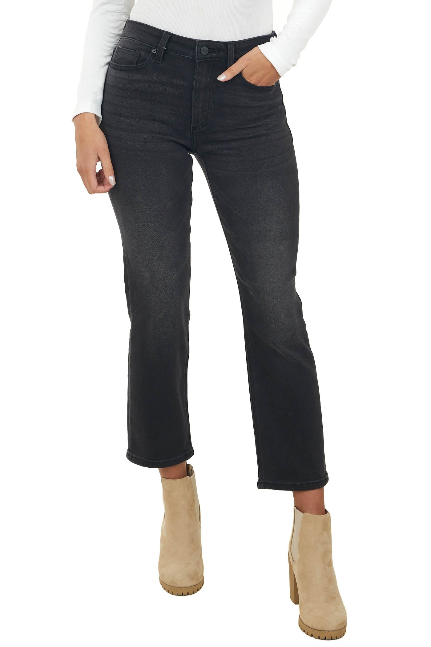 Black High Rise Zipper Fly Straight Leg Jeans