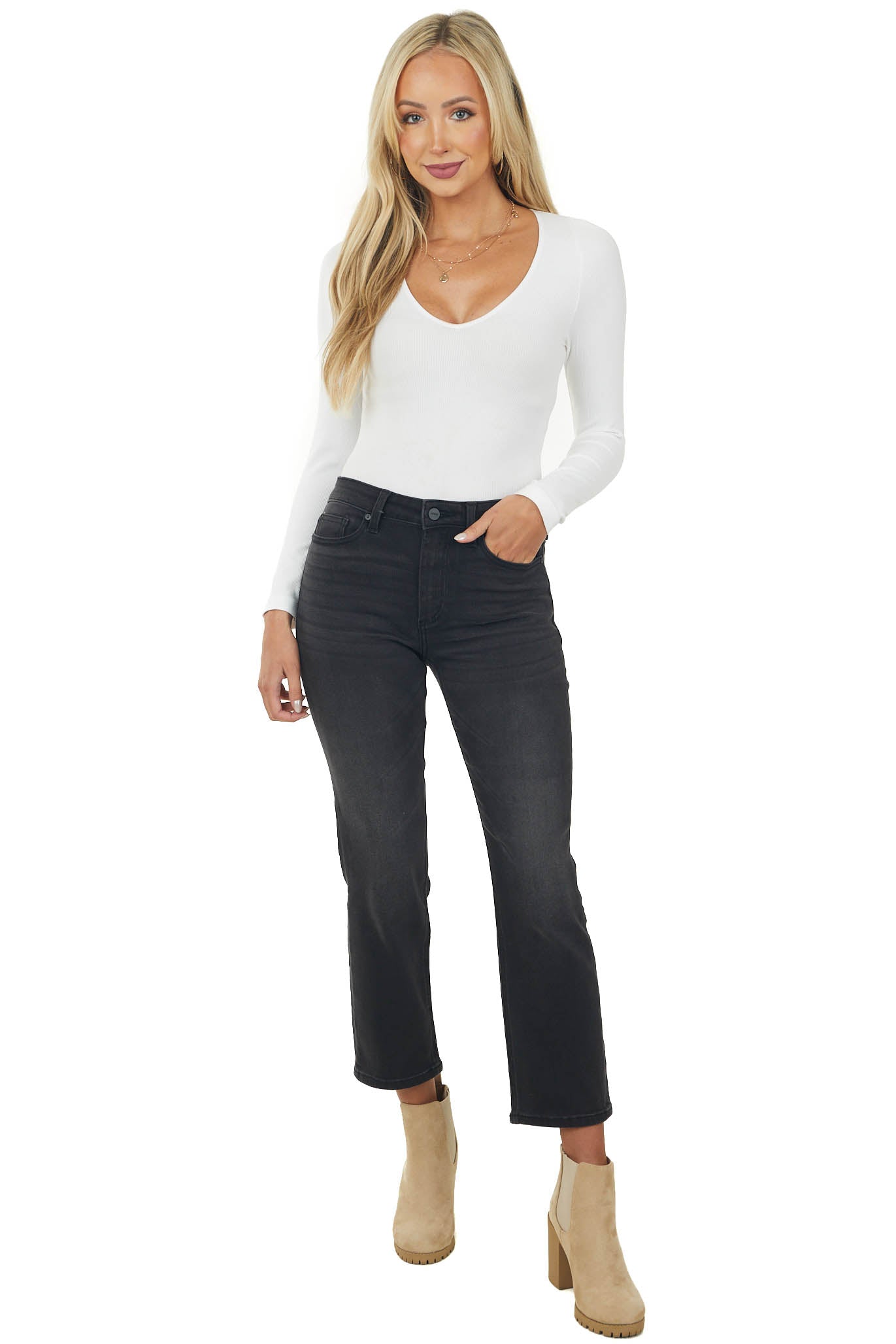 Black High Rise Zipper Fly Straight Leg Jeans