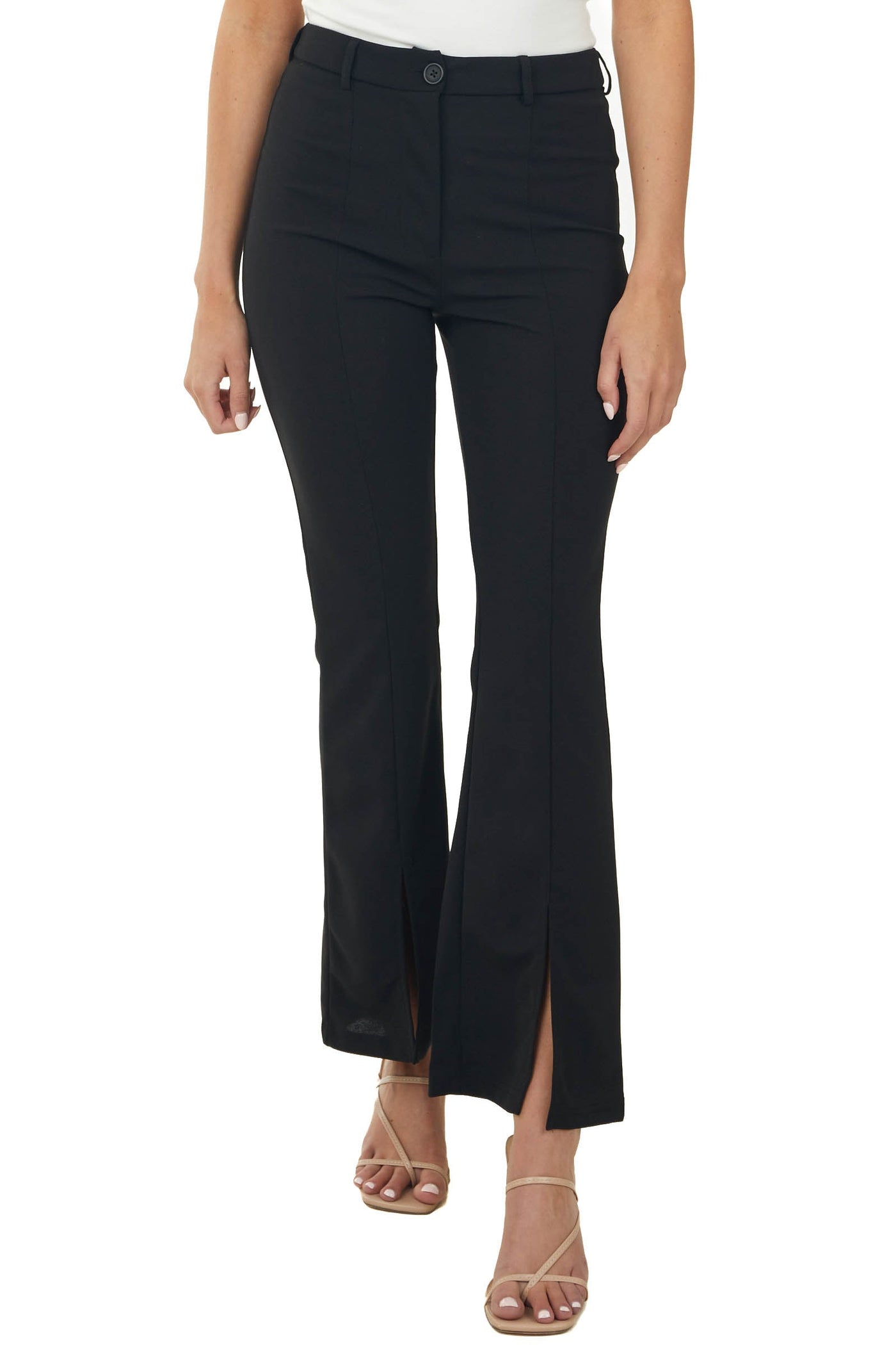 Black High Waisted Flare Front Split Pants