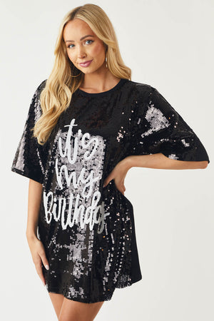 Black 'It's My Birthday' Sequin Dress
