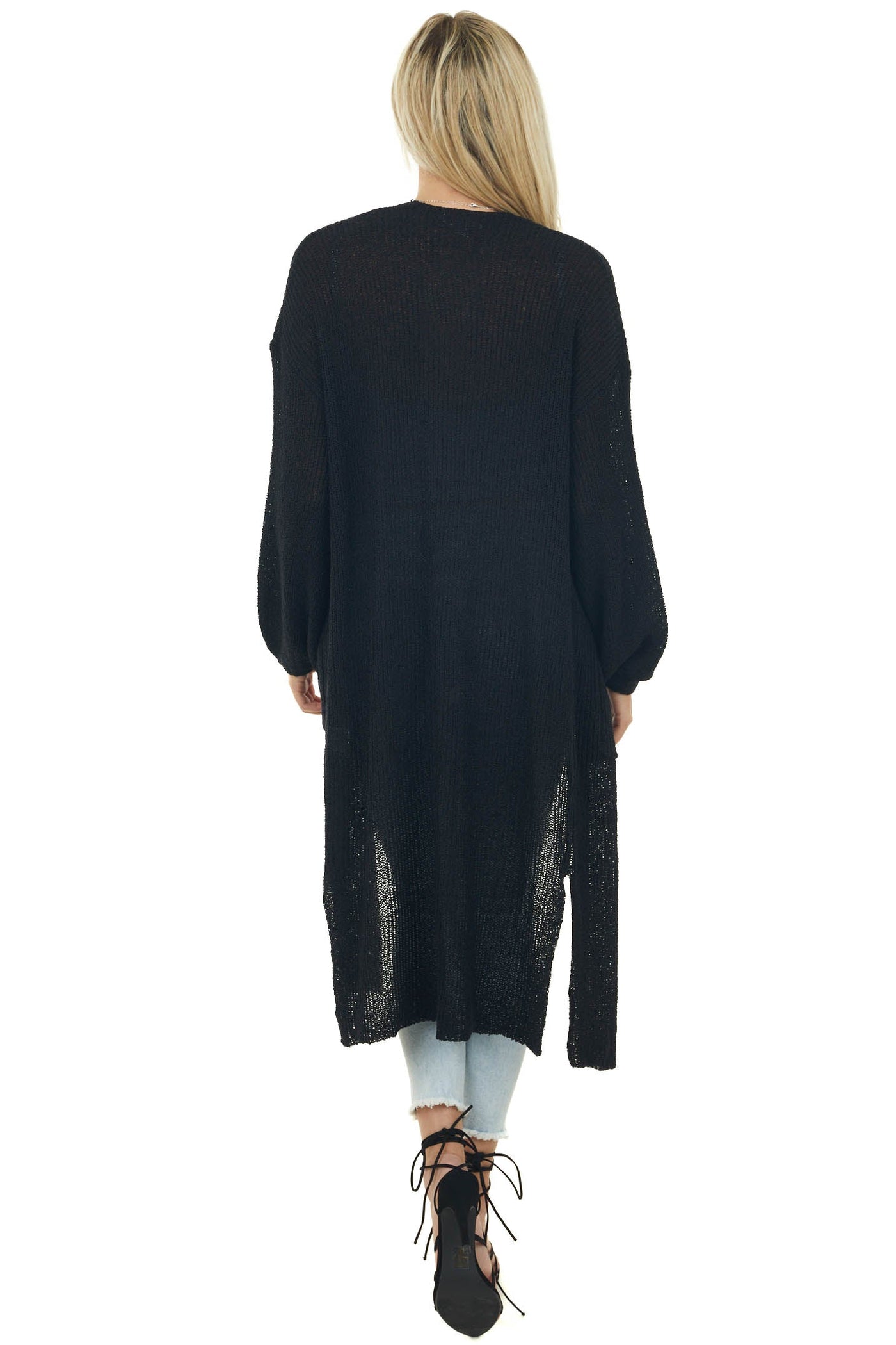 Black Knit Open Front Oversized Long Sleeve Duster Cardigan