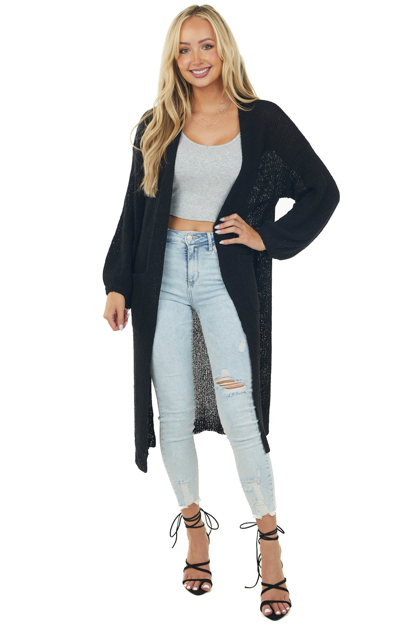 Black Knit Open Front Oversized Long Sleeve Duster Cardigan