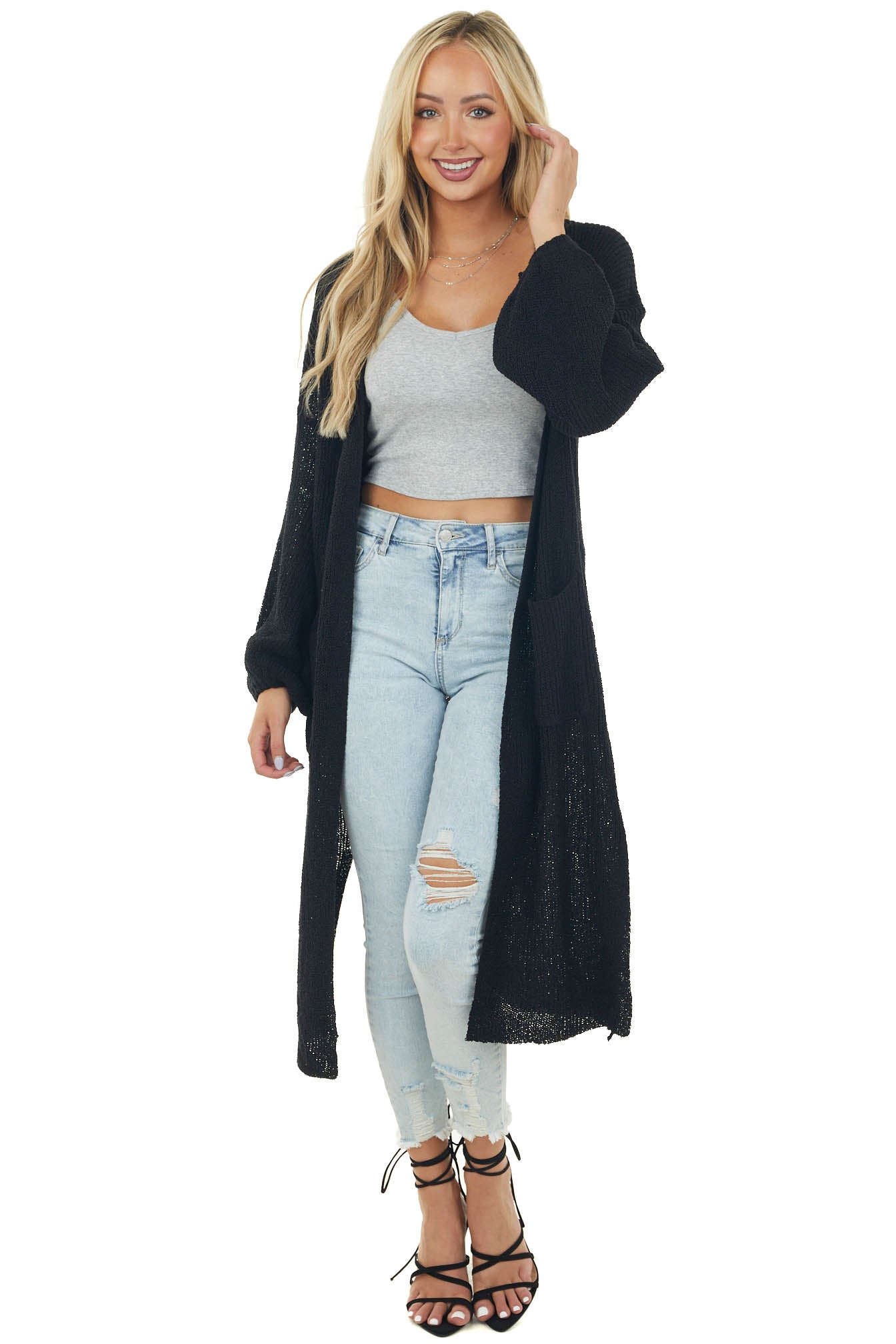 Black Knit Open Front Oversized Long Sleeve Duster Cardigan