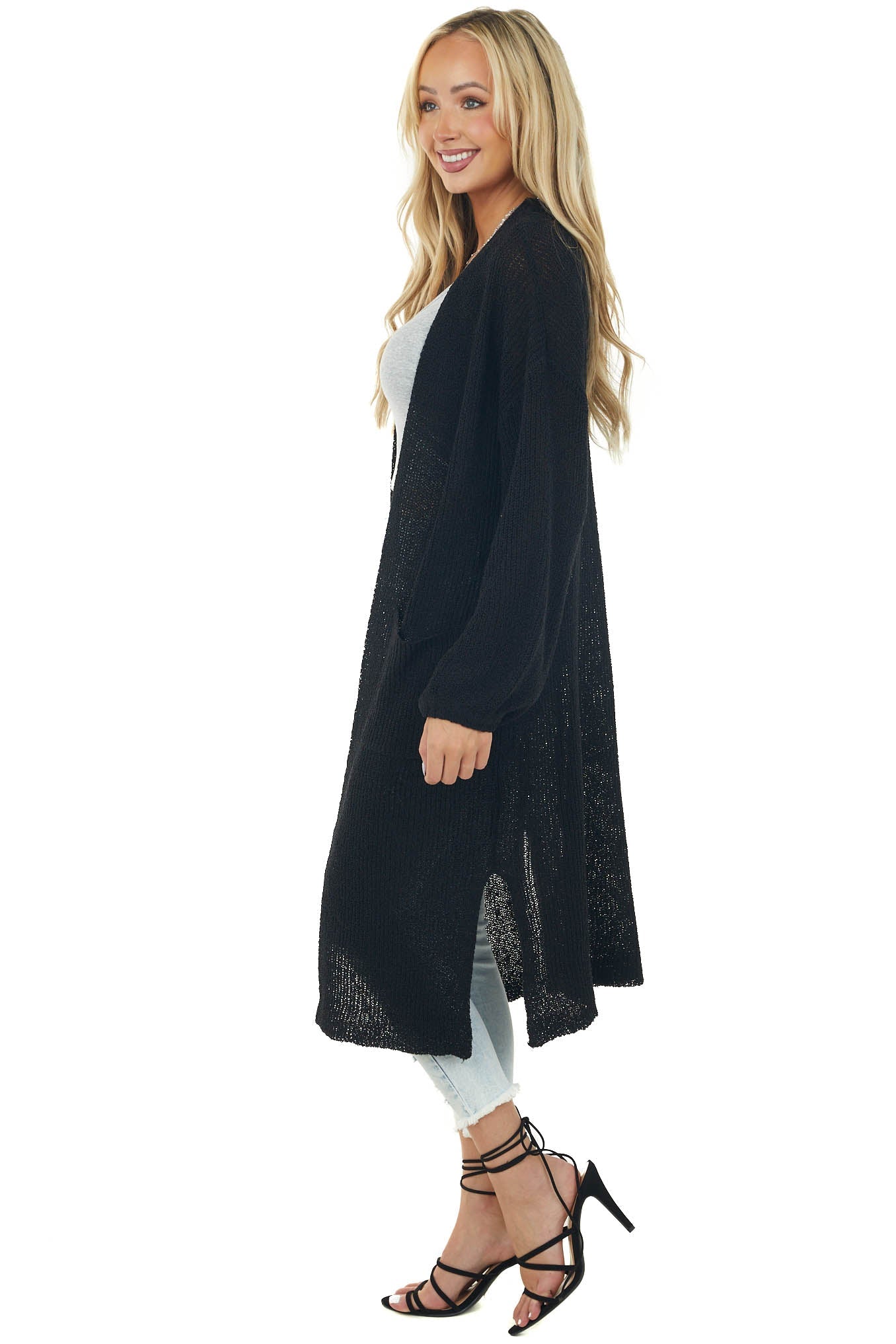 Black Knit Open Front Oversized Long Sleeve Duster Cardigan