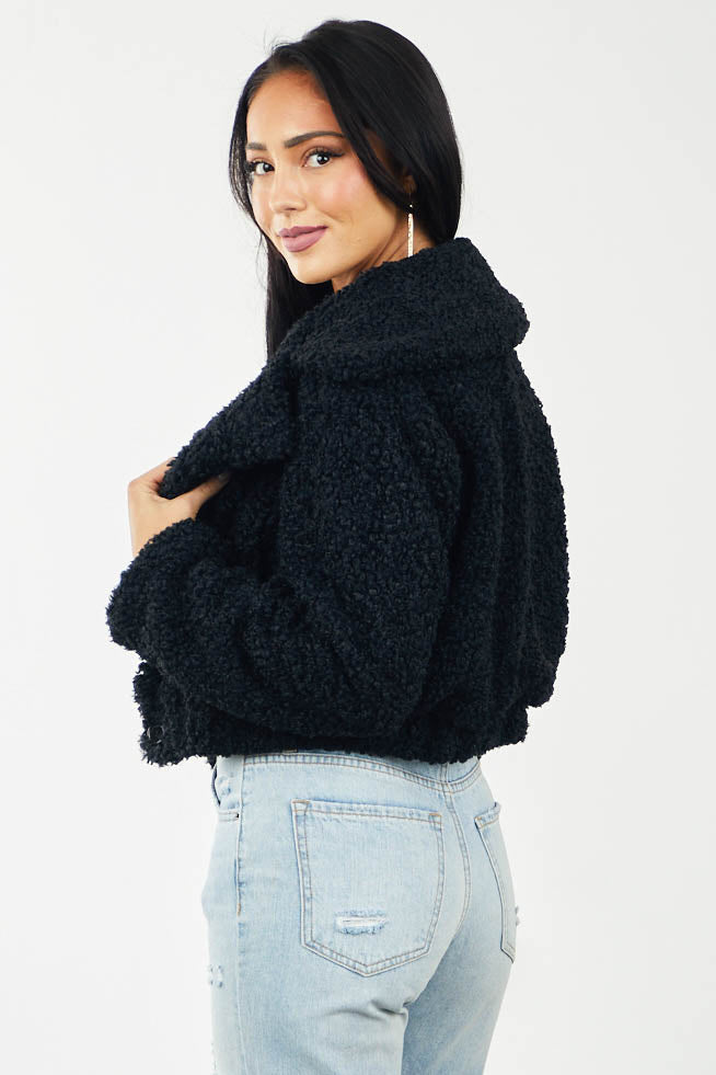 Black Large Lapel Cropped Sherpa Jacket