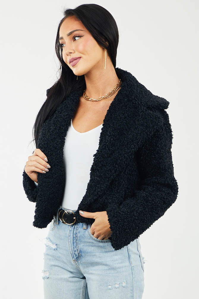 Black Large Lapel Cropped Sherpa Jacket