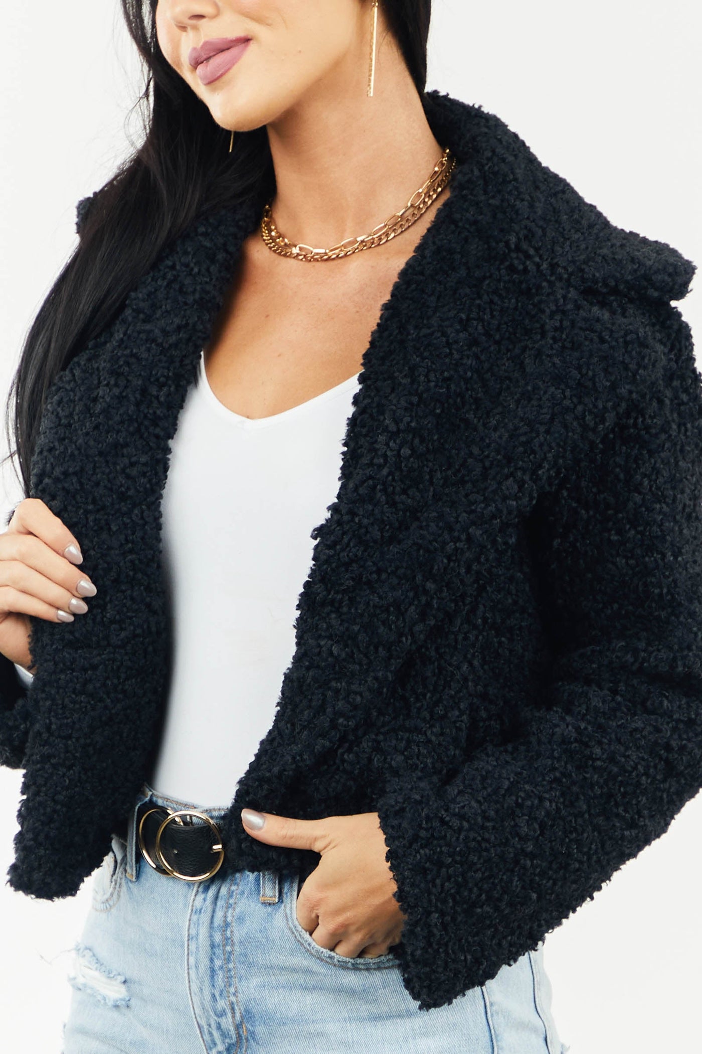 Black Large Lapel Cropped Sherpa Jacket