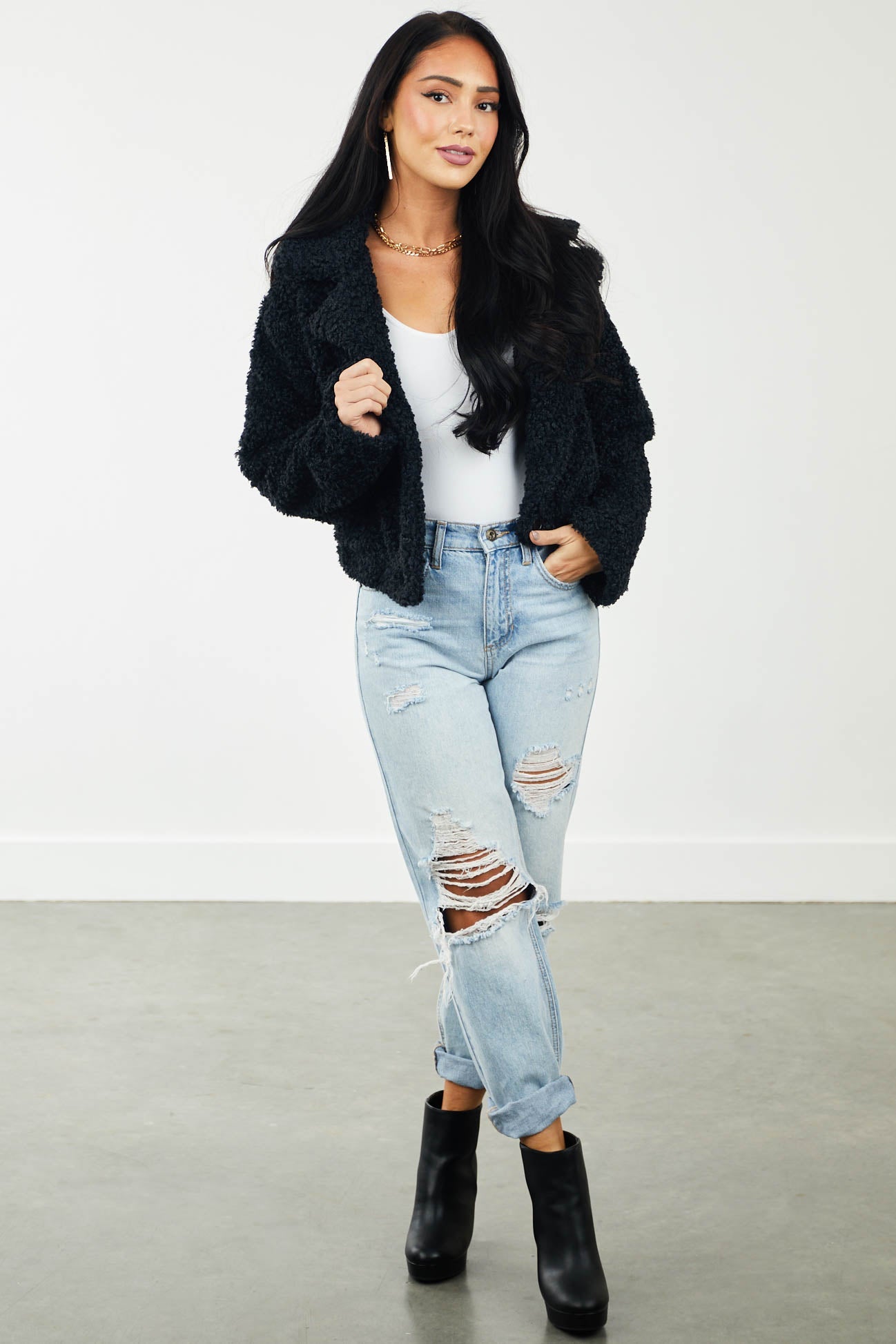 Black Large Lapel Cropped Sherpa Jacket