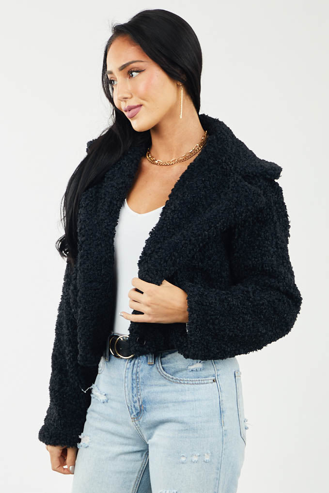 Black Large Lapel Cropped Sherpa Jacket