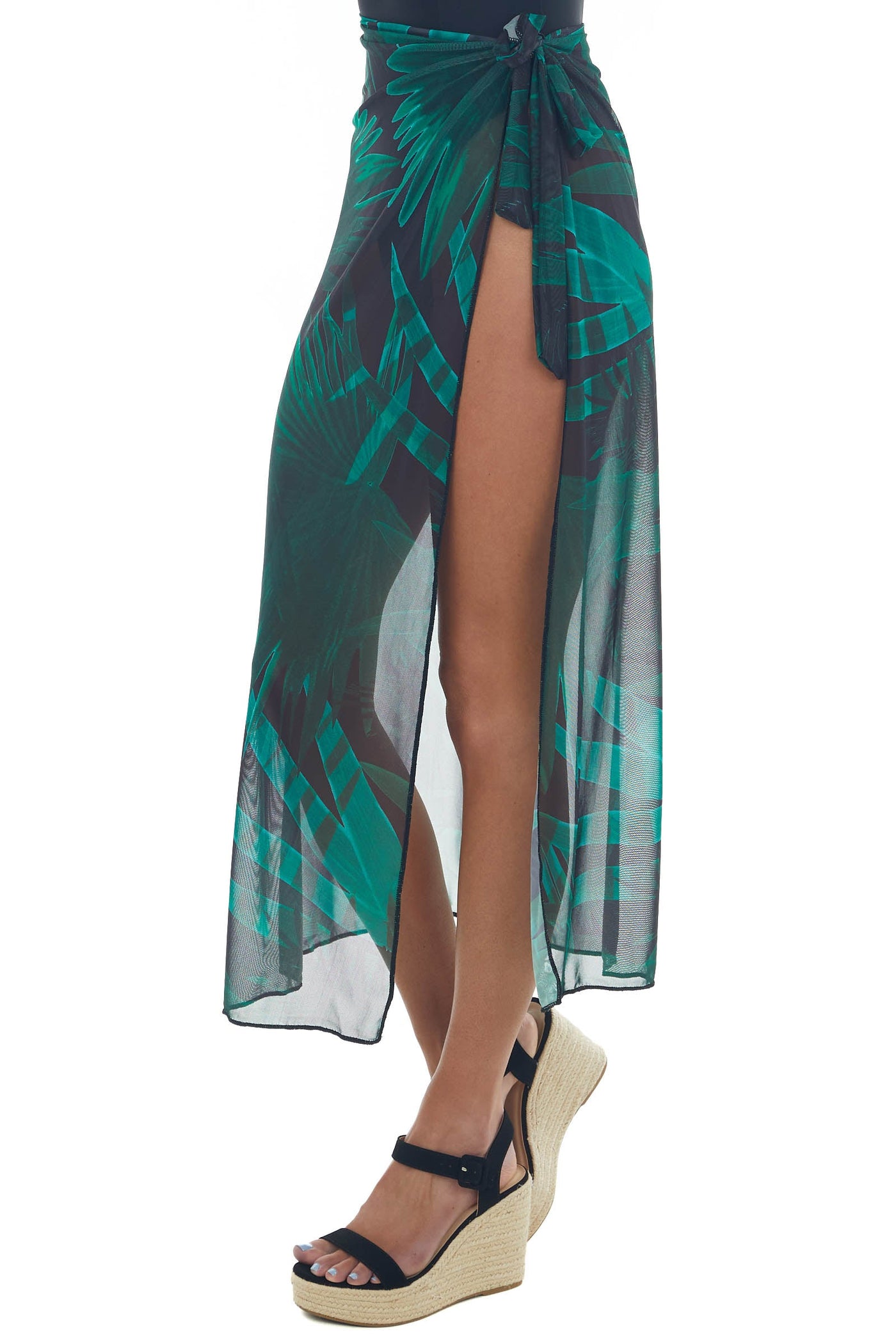 Black Leaf Print Mesh Cover Up Maxi Wrap Skirt