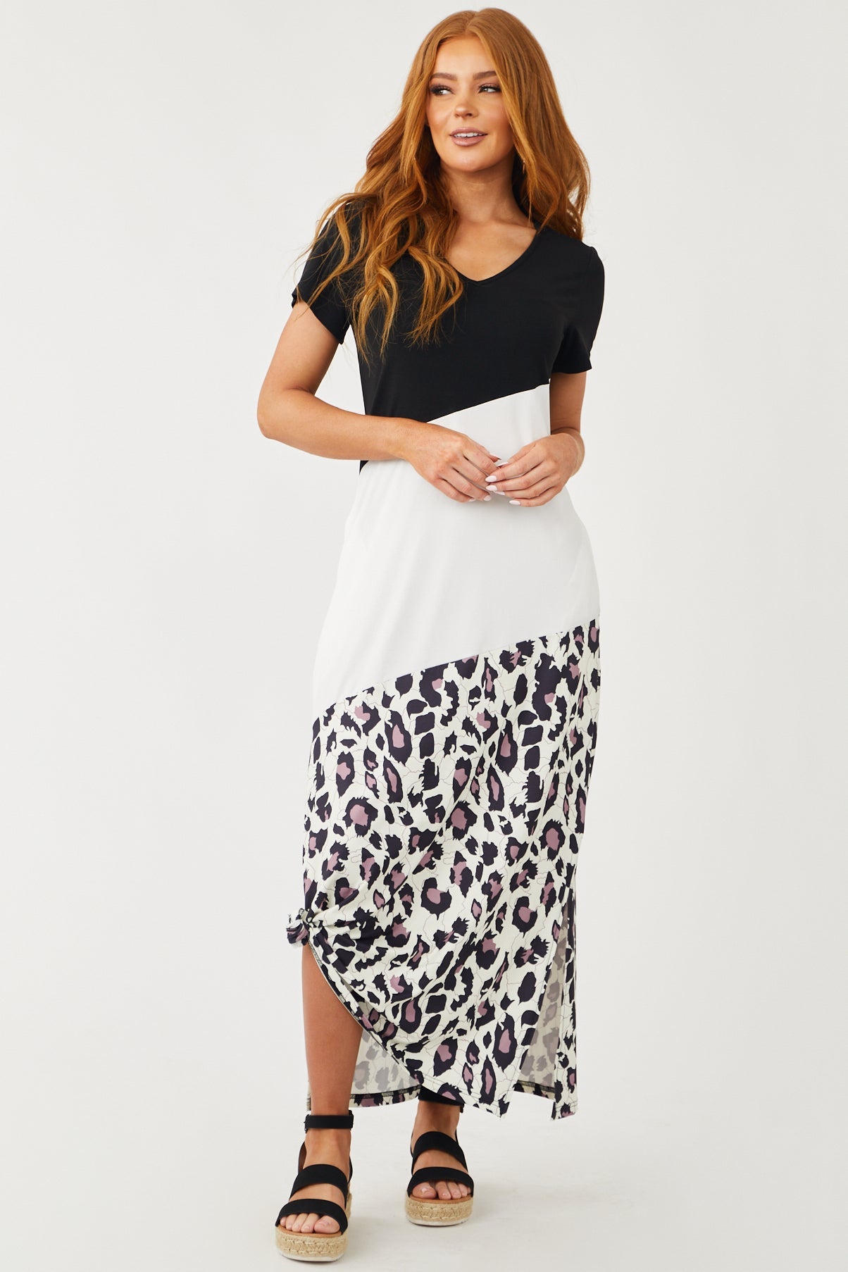 Black Leopard Colorblock Maxi Dress with Pockets