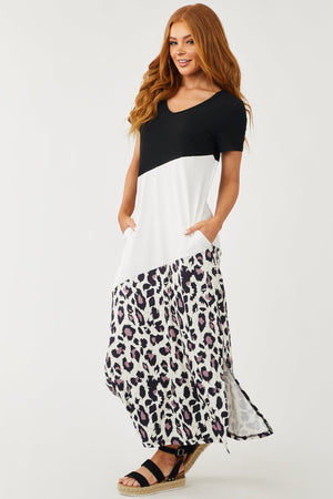 Black Leopard Colorblock Maxi Dress with Pockets