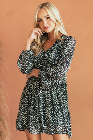 Black Leopard Empire Waist Bubble Sleeve Dress